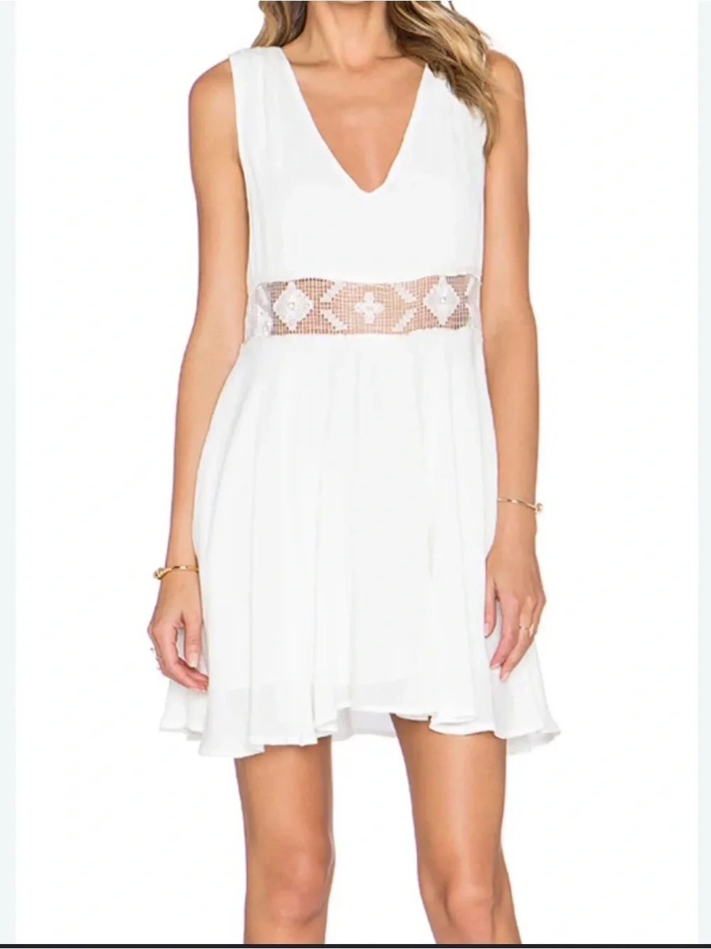 Free People Ivory Sleeveless Mini Dress Medium Crochet Lace Pockets Boho